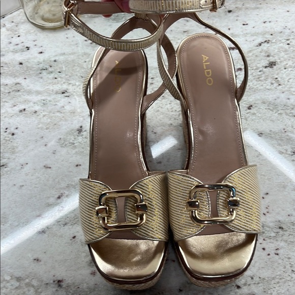 Aldo Gold Wedge Sandals with Ankle Strap - Picture 6 of 12